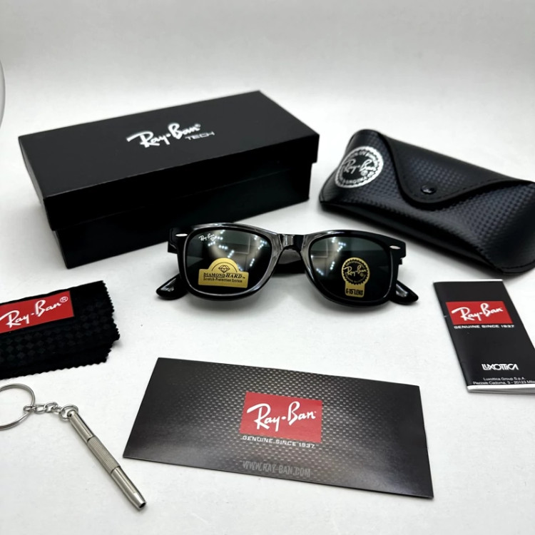 تصویر عینک آفتابی ویفرر ریبن reyban شیشه سنگ مشکی براق عدسی مشکی سایز 50 به همراه پک کامل اورجینال RB 2140