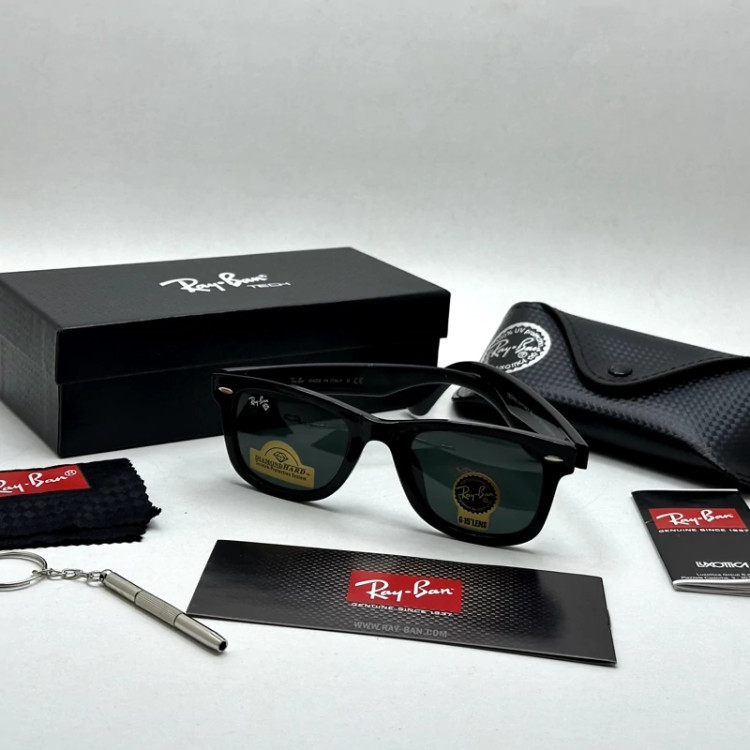 تصویر عینک آفتابی ویفرر ریبن reyban شیشه سنگ مشکی براق عدسی مشکی سایز 50 به همراه پک کامل اورجینال RB 2140