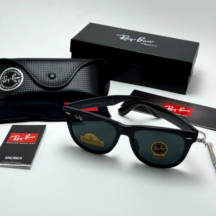 تصویر عینک آفتابی ریبن ویفرر شیشه سنگ مشکی براق به همراه پک کامل ریبن Rayban WAYFARER RB 2140 سایز 54
