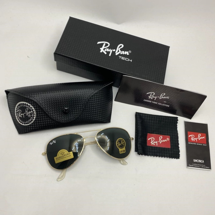 تصویر عینک آفتابی ریبن خلبانی شیشه سنگ مشکی طلایی با پک کامل اورجینال