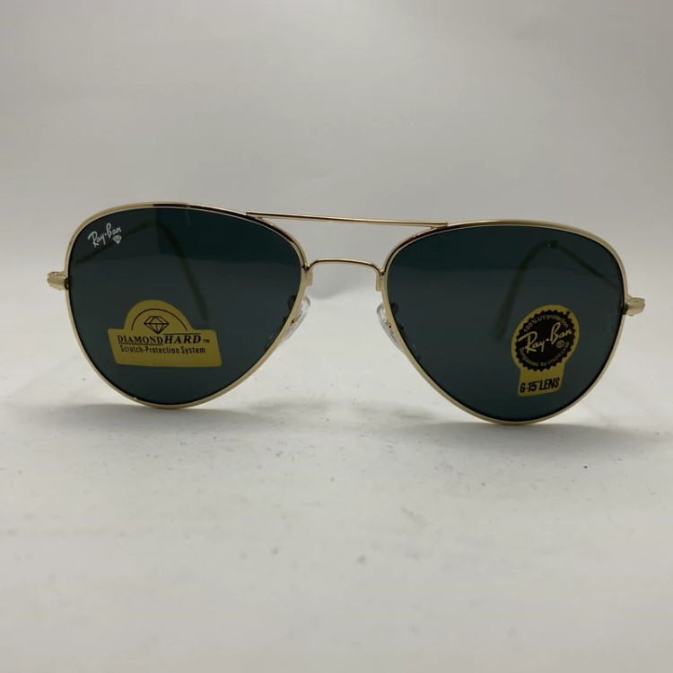 تصویر عینک آفتابی ریبن خلبانی شیشه سنگ مشکی طلایی با پک کامل اورجینال
