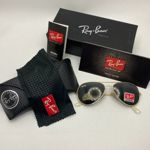 تصویر عینک ریبن خلبانی شیشه سنگ مشکی طلایی با پک کامل ریبن rayban aviator rb 3025