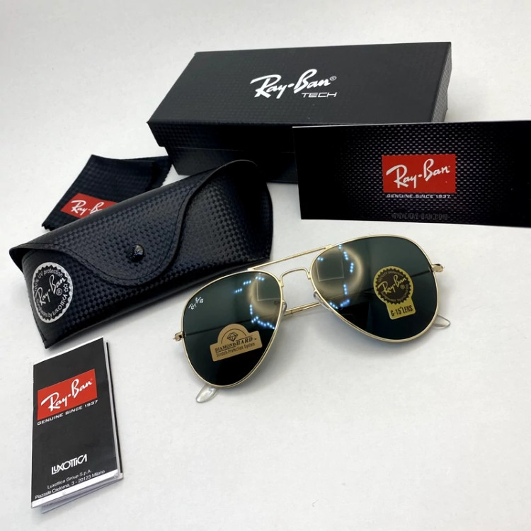 تصویر عینک آفتابی خلبانی ریبن reyban شیشه سنگ مشکی فریم طلایی سایز 62 به همراه پک کامل اورجینال RB 3026