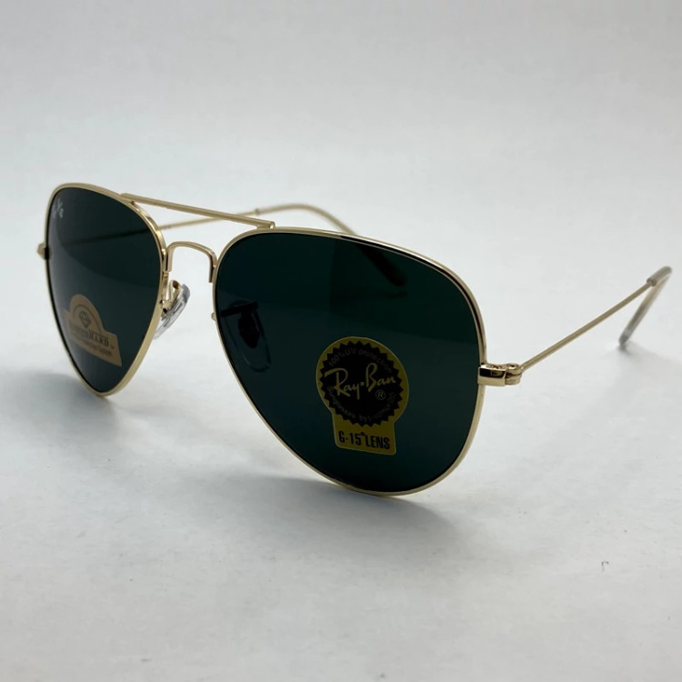تصویر عینک آفتابی خلبانی ریبن reyban شیشه سنگ مشکی فریم طلایی سایز 62 به همراه پک کامل اورجینال RB 3026