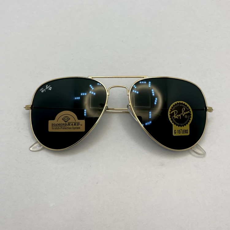 تصویر عینک آفتابی خلبانی ریبن reyban شیشه سنگ مشکی فریم طلایی سایز 62 به همراه پک کامل اورجینال RB 3026