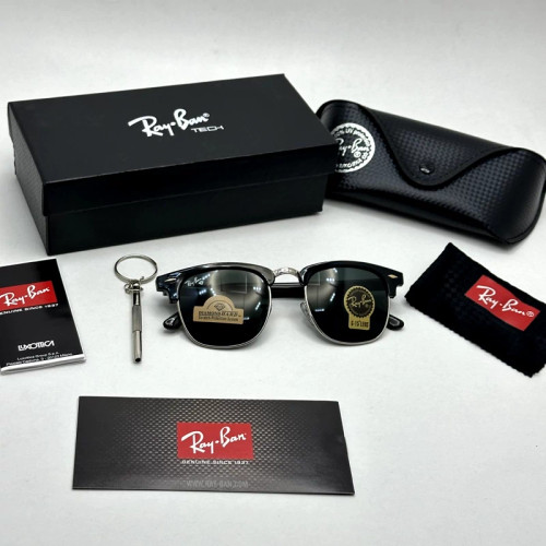 تصویر عینک آفتابی کلاب مستر ریبن rayban شیشه سنگ مشکی فریم نقره ای به همراه پک کامل RB 3016