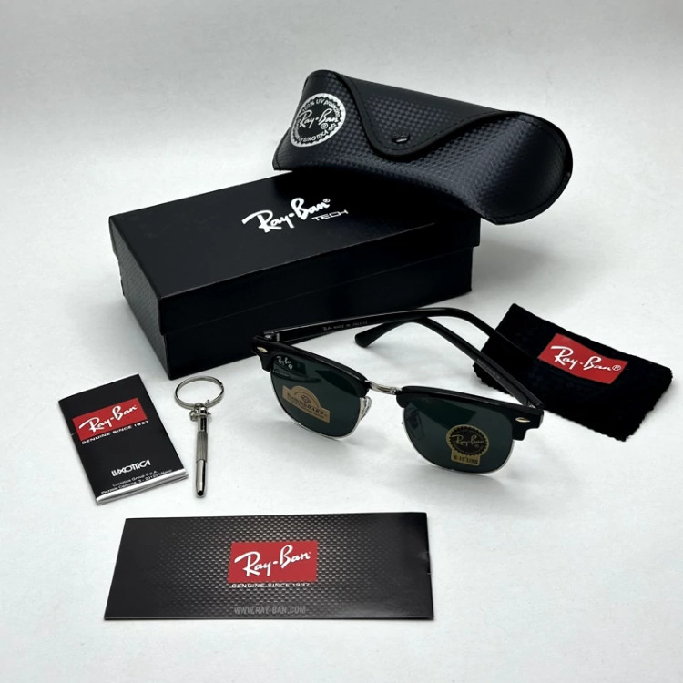 تصویر عینک آفتابی کلاب مستر ریبن rayban شیشه سنگ مشکی فریم نقره ای به همراه پک کامل RB 3016