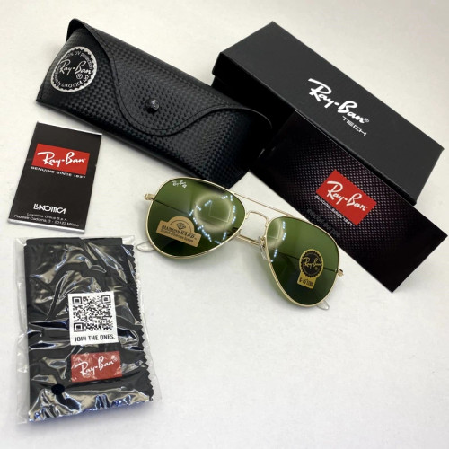 تصویر عینک آفتابی خلبانی AVIATOR ریبن rayban شیشه سنگ طلایی سبز سایز 3026 فول پک اورجینال