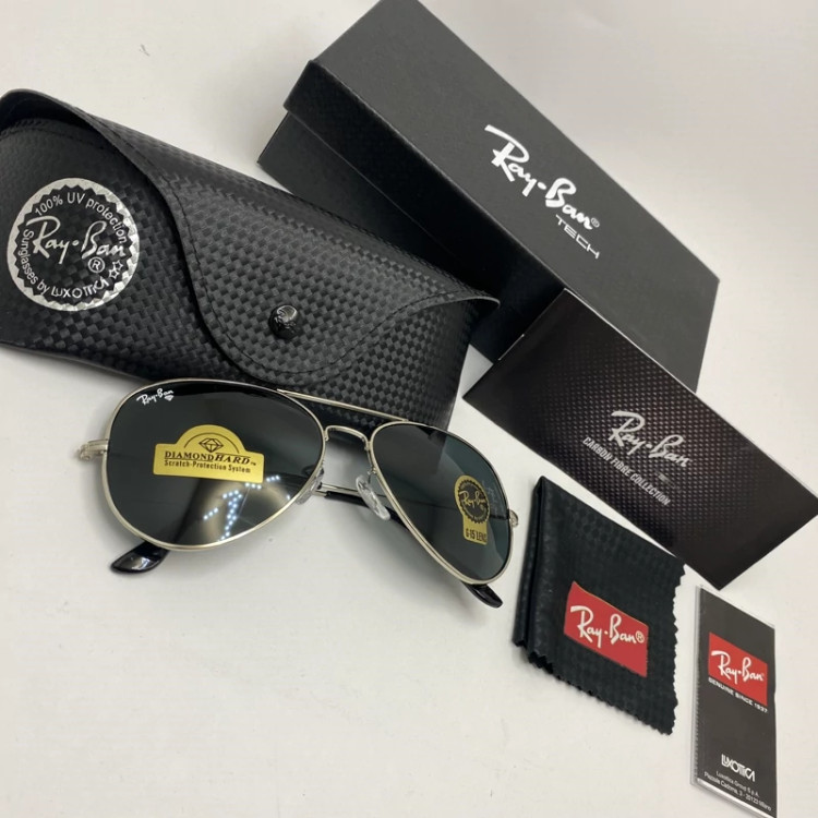 تصویر عینک آفتابی ریبن خلبانی rayban مشکی نقره ای با پک کامل ریبن