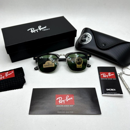 تصویر عینک آفتابی کلاب مستر ریبن reyban شیشه سنگ آنتی رفلکس سبز فریم نقره ای به همراه پک کامل اورجینال RB 3016