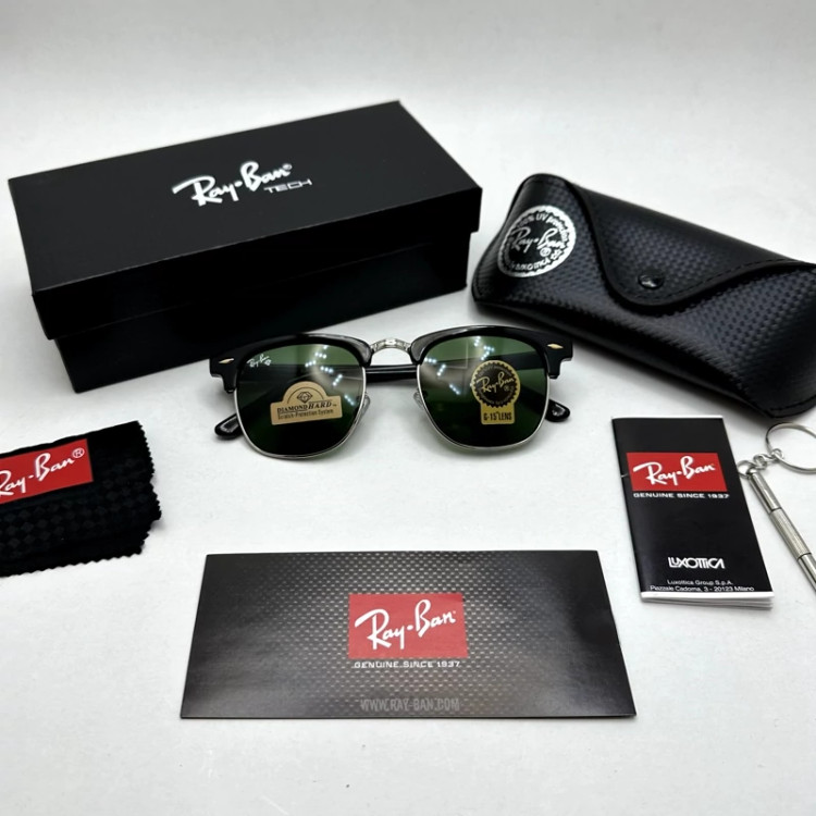 تصویر عینک آفتابی کلاب مستر ریبن reyban شیشه سنگ آنتی رفلکس سبز فریم نقره ای به همراه پک کامل اورجینال RB 3016