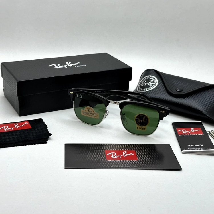 تصویر عینک آفتابی کلاب مستر ریبن reyban شیشه سنگ آنتی رفلکس سبز فریم نقره ای به همراه پک کامل اورجینال RB 3016