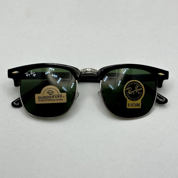 تصویر عینک آفتابی کلاب مستر ریبن reyban شیشه سنگ آنتی رفلکس سبز فریم نقره ای به همراه پک کامل اورجینال RB 3016