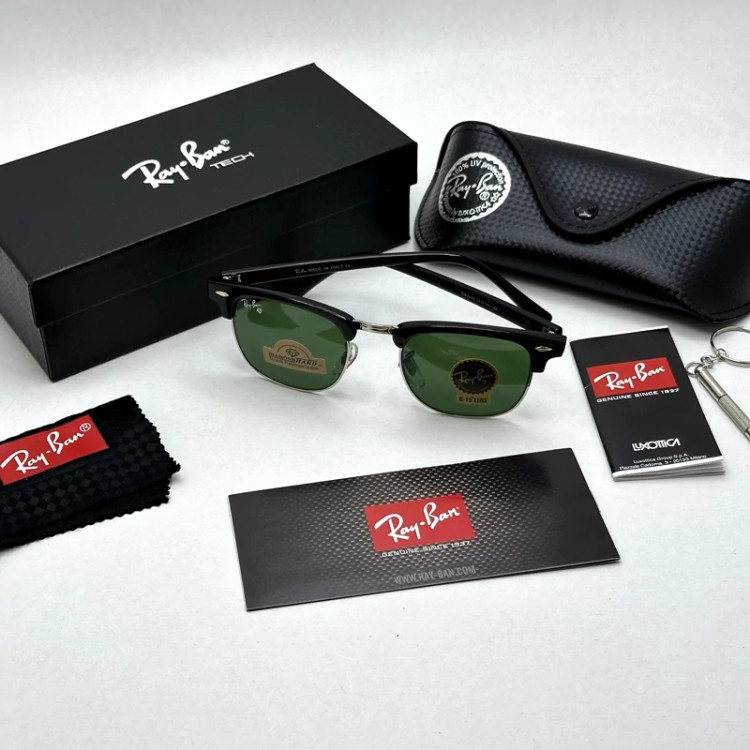 تصویر عینک آفتابی کلاب مستر ریبن reyban شیشه سنگ آنتی رفلکس سبز فریم نقره ای به همراه پک کامل اورجینال RB 3016