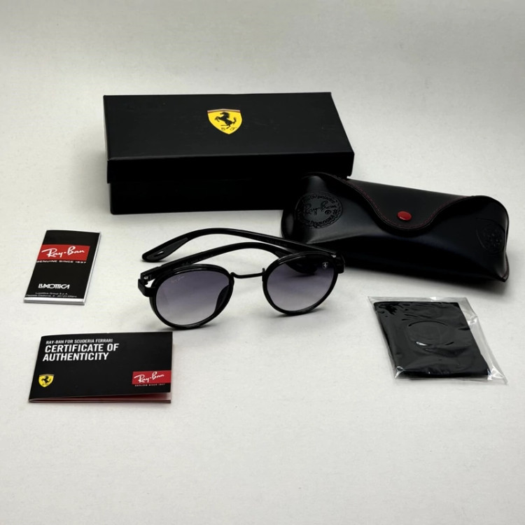 تصویر عینک آفتابی گرد ریبن فراری مشکی با پک کاملRayban Ferrari RB3705