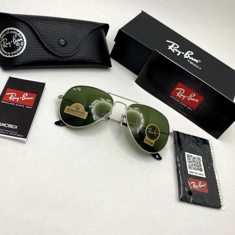 تصویر عینک آفتابی خلبانی AVIATOR ریبن rayban شیشه سنگ نقره ای سبز سایز 3026 فول پک