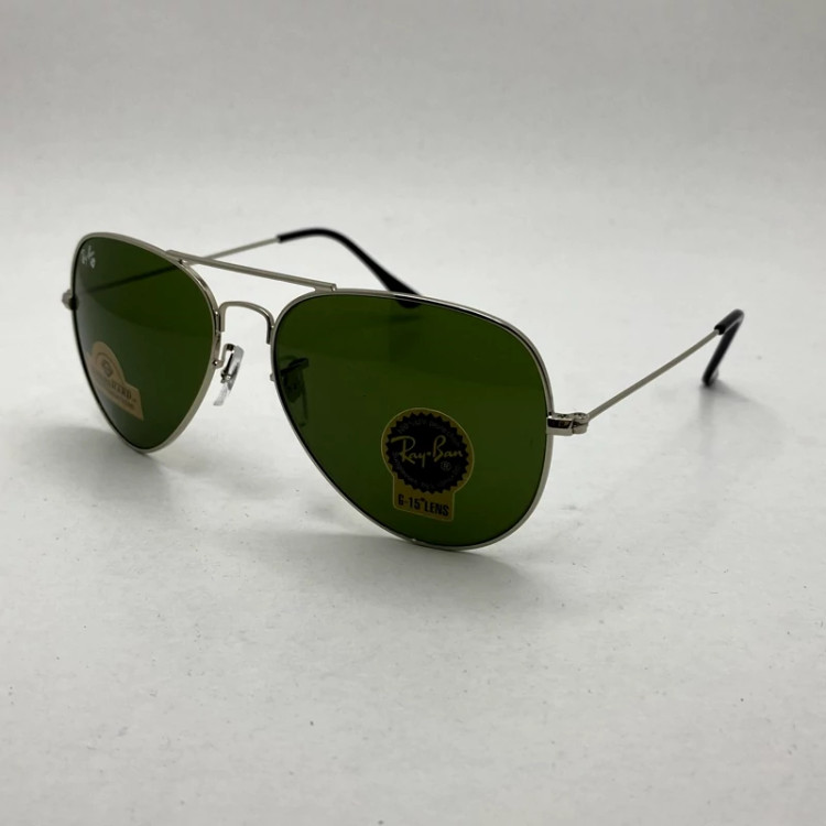 تصویر عینک آفتابی خلبانی AVIATOR ریبن rayban شیشه سنگ نقره ای سبز سایز 3026 فول پک