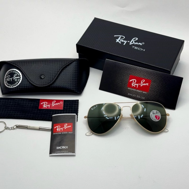 تصویر عینک ریبن خلبانی شیشه سنگ پلاریزه سبز با فریم طلایی به همراه پک کامل ریبن کد Rayban RB 3026