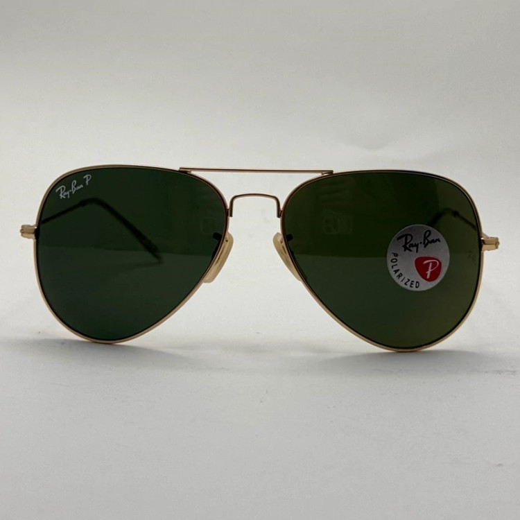 تصویر عینک ریبن خلبانی شیشه سنگ پلاریزه سبز با فریم طلایی به همراه پک کامل ریبن کد Rayban RB 3026