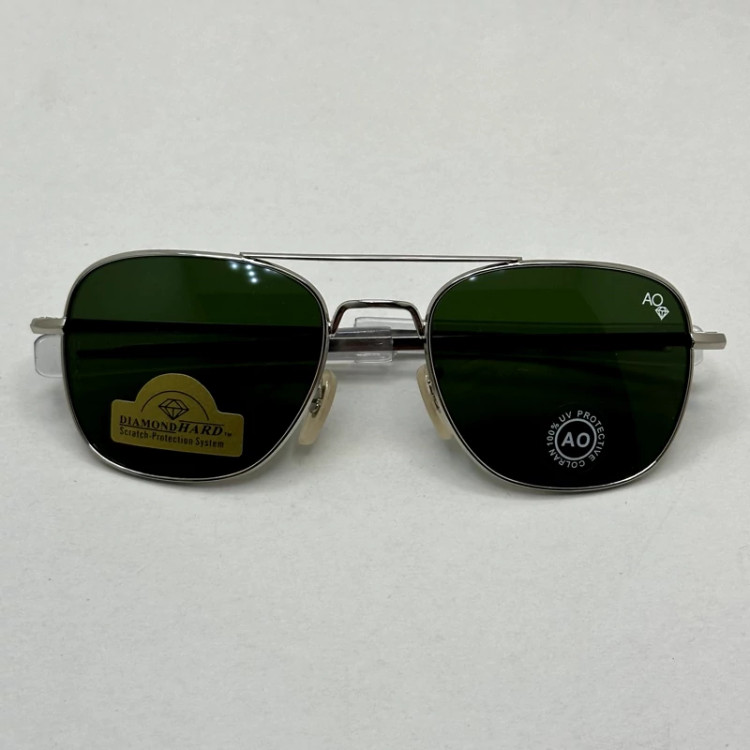 تصویر عینک آفتابی شیشه سنگ آمریکن اوپتیکال فریم نقره ای عدسی سبز سایز 54 آنتی رفلکس با پک کامل و آچار مخصوص عینک