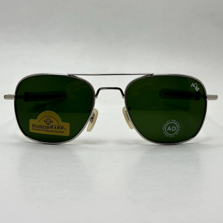تصویر عینک آفتابی شیشه سنگ آمریکن اوپتیکال فریم نقره ای عدسی سبز سایز 54 آنتی رفلکس با پک کامل و آچار مخصوص عینک