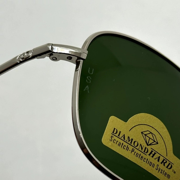 تصویر عینک آفتابی شیشه سنگ آمریکن اوپتیکال فریم نقره ای عدسی سبز سایز 54 آنتی رفلکس با پک کامل و آچار مخصوص عینک