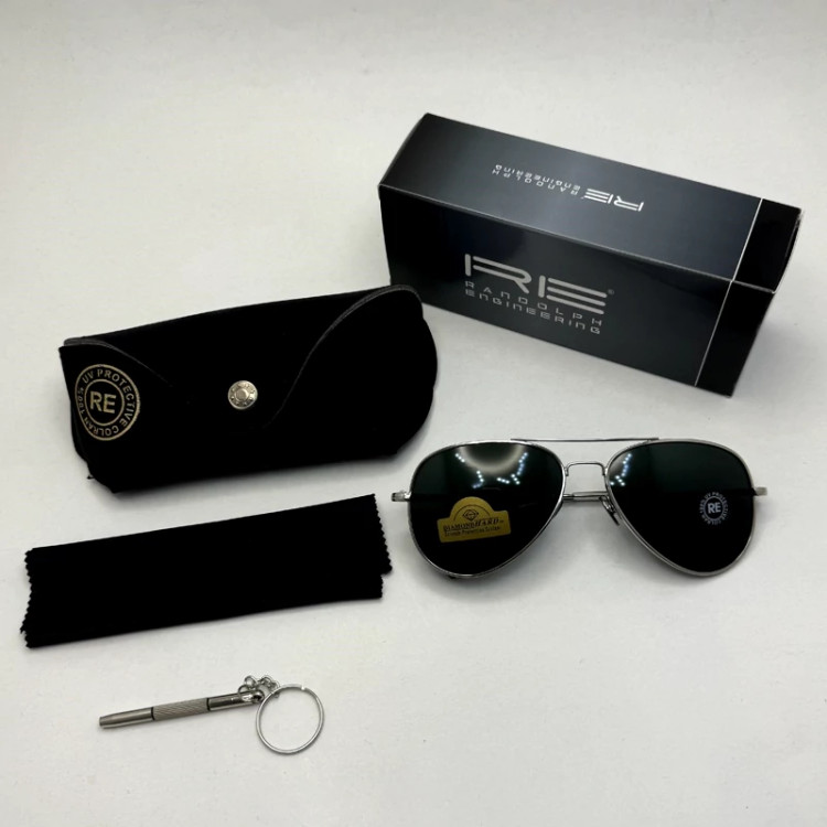 تصویر عینک آفتابی خلبانی رندولف شیشه سنگ مدل کانکورد آنتی رفلکس مشکی فریم نقره ا فول پک اصلی RANDOLPH AVIATOR CR 231 24K