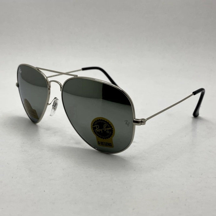 تصویر عینک آفتابی خلبانی AVIATOR ریبن rayban شیشه سنگ ایتالیایی آینه ای فریم نقره ای سایز 3025 فول پک