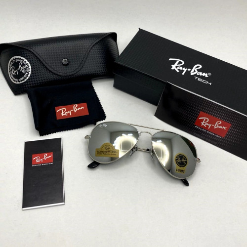 تصویر عینک آفتابی خلبانی AVIATOR ریبن rayban شیشه سنگ ایتالیایی آینه ای فریم نقره ای سایز 3025 فول پک