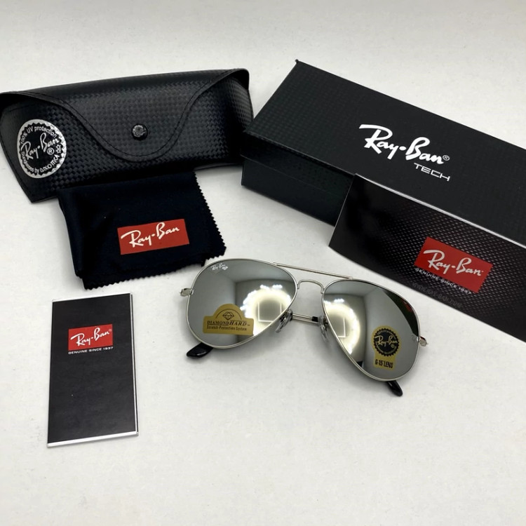 تصویر عینک آفتابی خلبانی AVIATOR ریبن rayban شیشه سنگ ایتالیایی آینه ای فریم نقره ای سایز 3025 فول پک