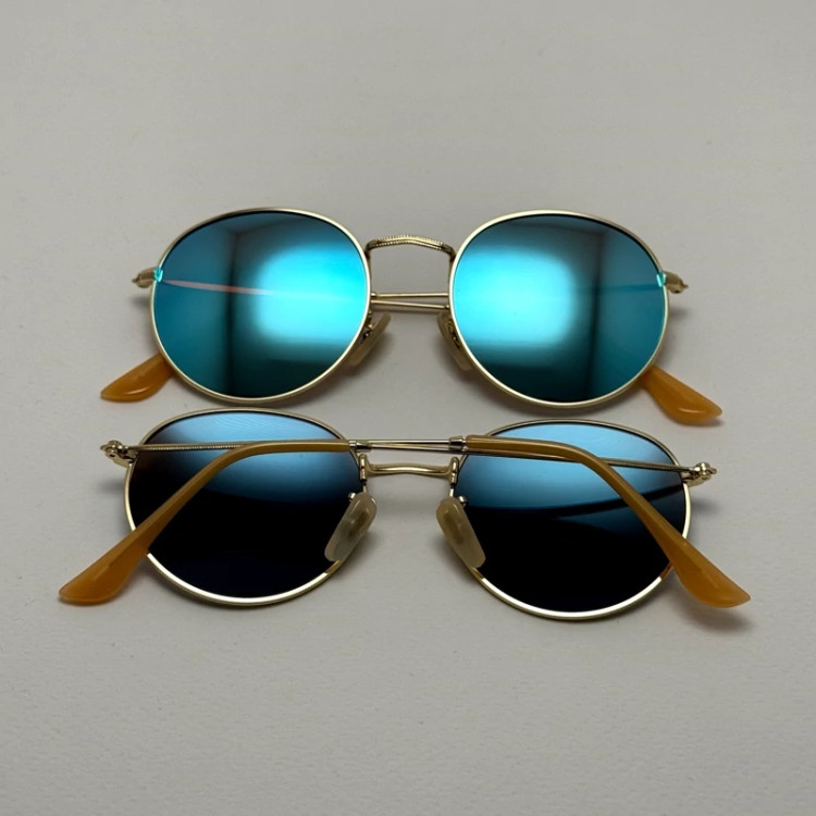 تصویر عینک آفتابی پلاریزه گرد فوق سبک آبی آسمونی فریم طلایی کد 3447