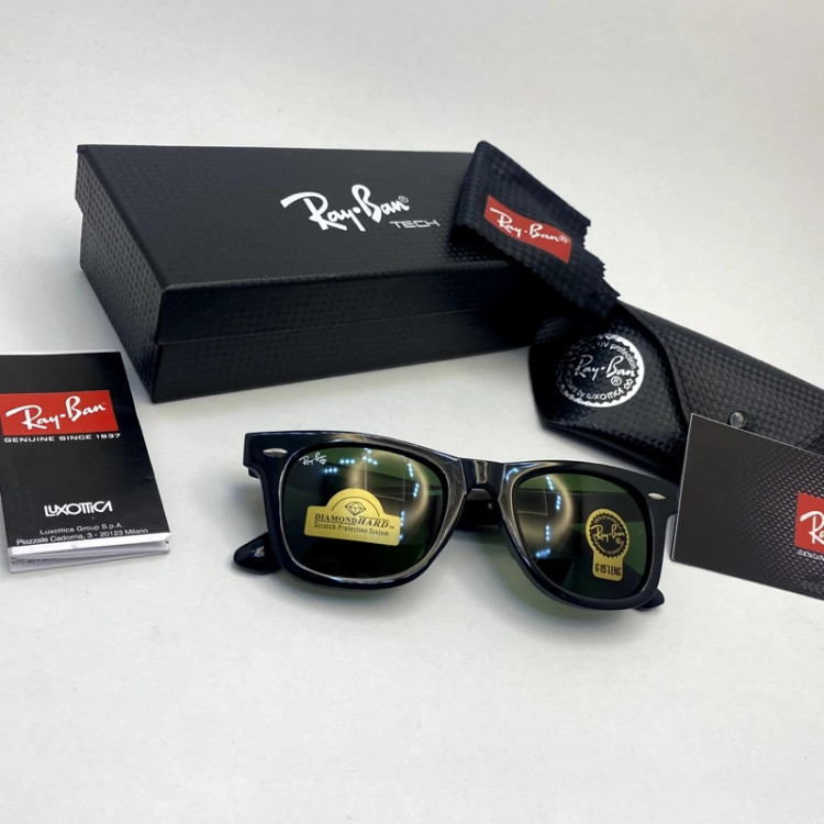 تصویر عینک آفتابی ویفرر ریبن rayban WAYFARER شیشه سنگ سبز فریم براق سایز 50 به همراه پک کامل اورجینال rb2140