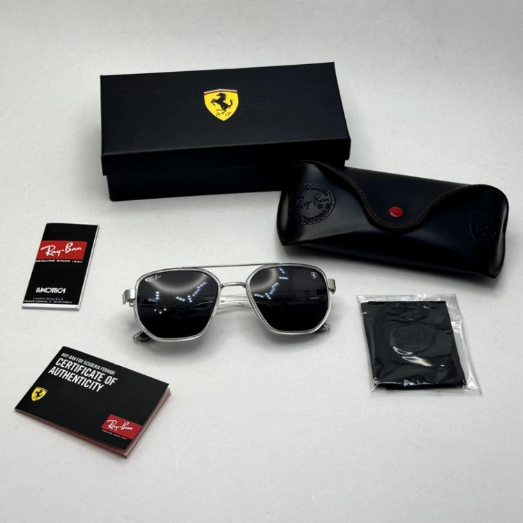 تصویر عینک آفتابی ریبن فراری مستطیلی کریستالی شفاف با پک کامل Rayban Ferrari c287