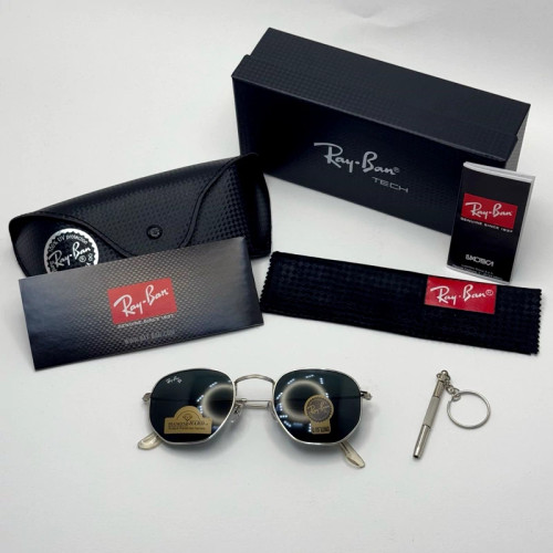 تصویر عینک ریبن هگزونال شیشه سنگ مشکی فریم نقره ای به همراه پک کامل ریبن کد Rayban RB 3548