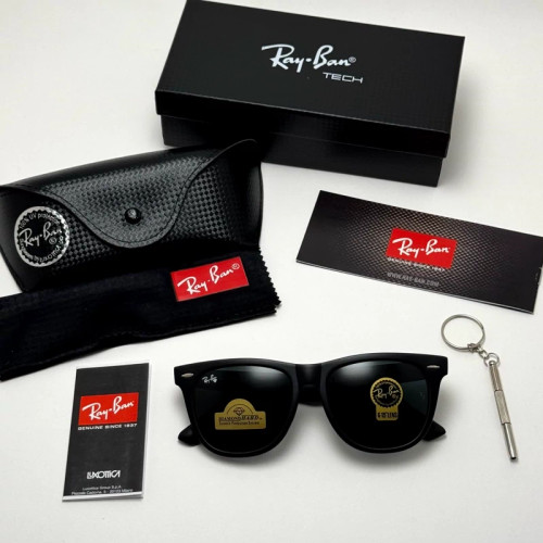 تصویر عینک آفتابی ریبن ویفرر شیشه سنگ مشکی مات به همراه پک کامل ریبن Rayban WAYFARER RB 2140 سایز 54