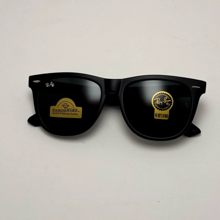 تصویر عینک آفتابی ریبن ویفرر شیشه سنگ مشکی مات به همراه پک کامل ریبن Rayban WAYFARER RB 2140 سایز 54