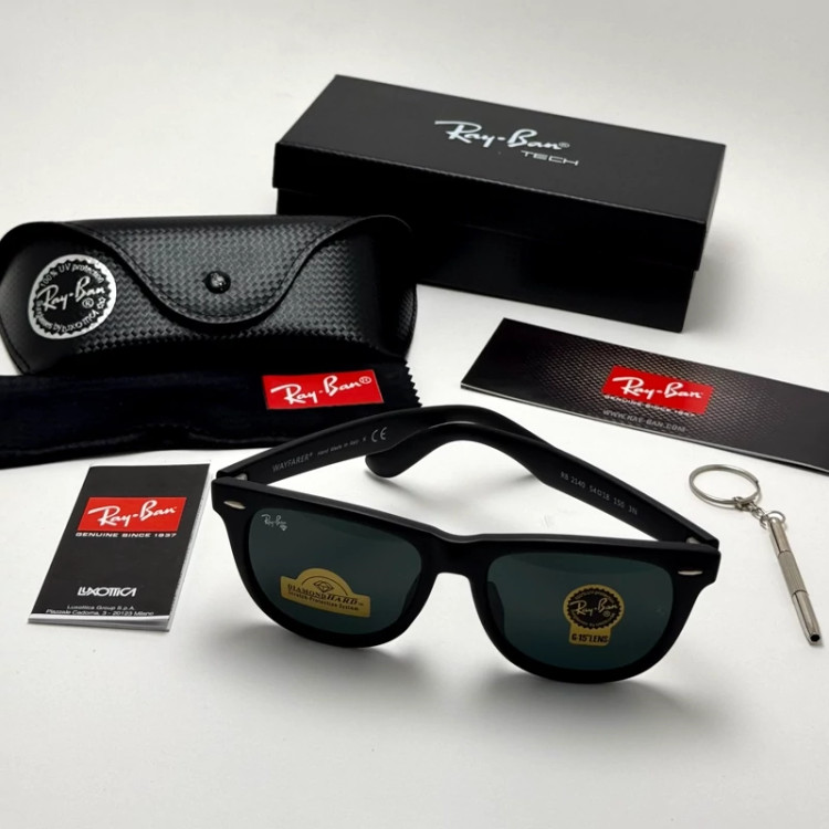 تصویر عینک آفتابی ریبن ویفرر شیشه سنگ مشکی مات به همراه پک کامل ریبن Rayban WAYFARER RB 2140 سایز 54