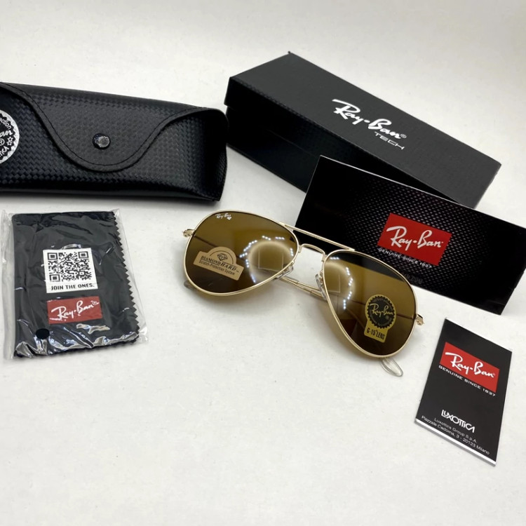 تصویر عینک آفتابی خلبانی AVIATOR ریبن rayban شیشه سنگ طلایی قهوه ای سایز 3026 فول پک