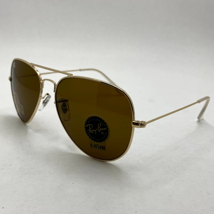 تصویر عینک آفتابی خلبانی AVIATOR ریبن rayban شیشه سنگ طلایی قهوه ای سایز 3026 فول پک