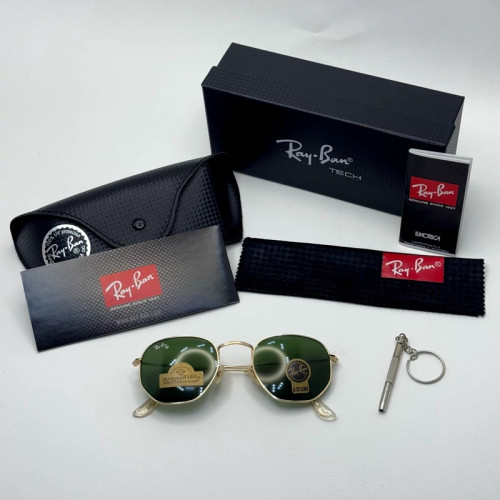تصویر عینک ریبن هگزونال شیشه سنگ سیز فریم طلایی به همراه پک کامل ریبن کد Rayban RB 3548