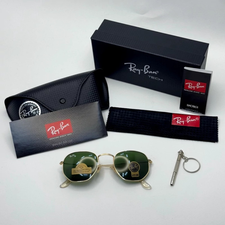 تصویر عینک ریبن هگزونال شیشه سنگ سیز فریم طلایی به همراه پک کامل ریبن کد Rayban RB 3548