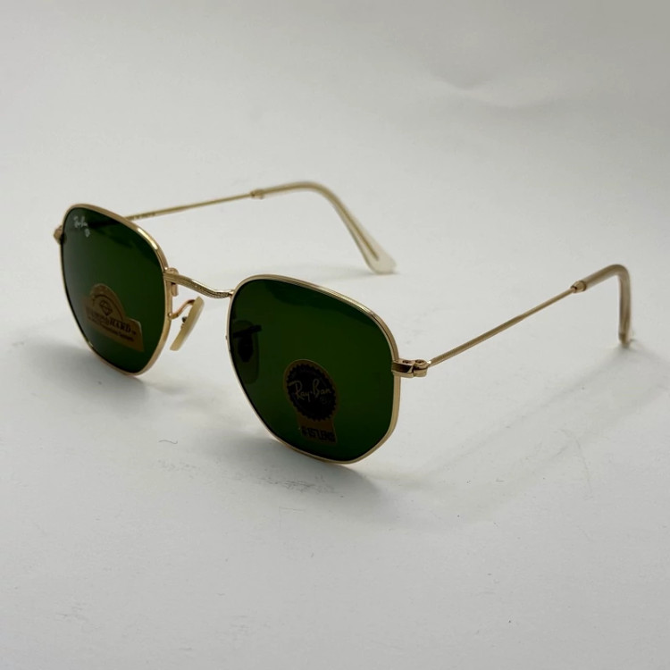 تصویر عینک ریبن هگزونال شیشه سنگ سیز فریم طلایی به همراه پک کامل ریبن کد Rayban RB 3548
