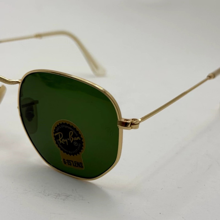 تصویر عینک ریبن هگزونال شیشه سنگ سیز فریم طلایی به همراه پک کامل ریبن کد Rayban RB 3548