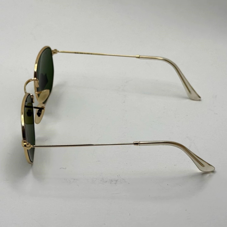 تصویر عینک ریبن هگزونال شیشه سنگ سیز فریم طلایی به همراه پک کامل ریبن کد Rayban RB 3548