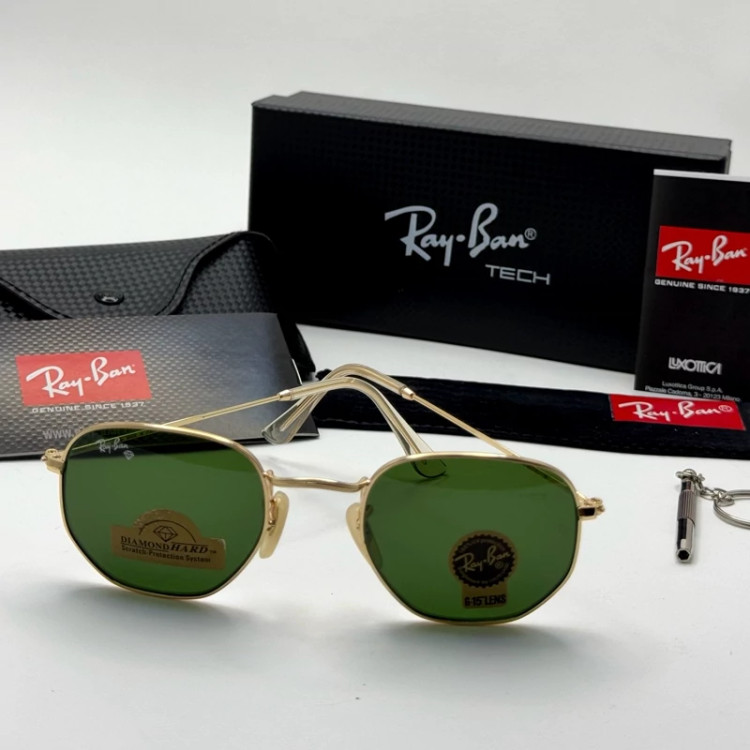 تصویر عینک ریبن هگزونال شیشه سنگ سیز فریم طلایی به همراه پک کامل ریبن کد Rayban RB 3548