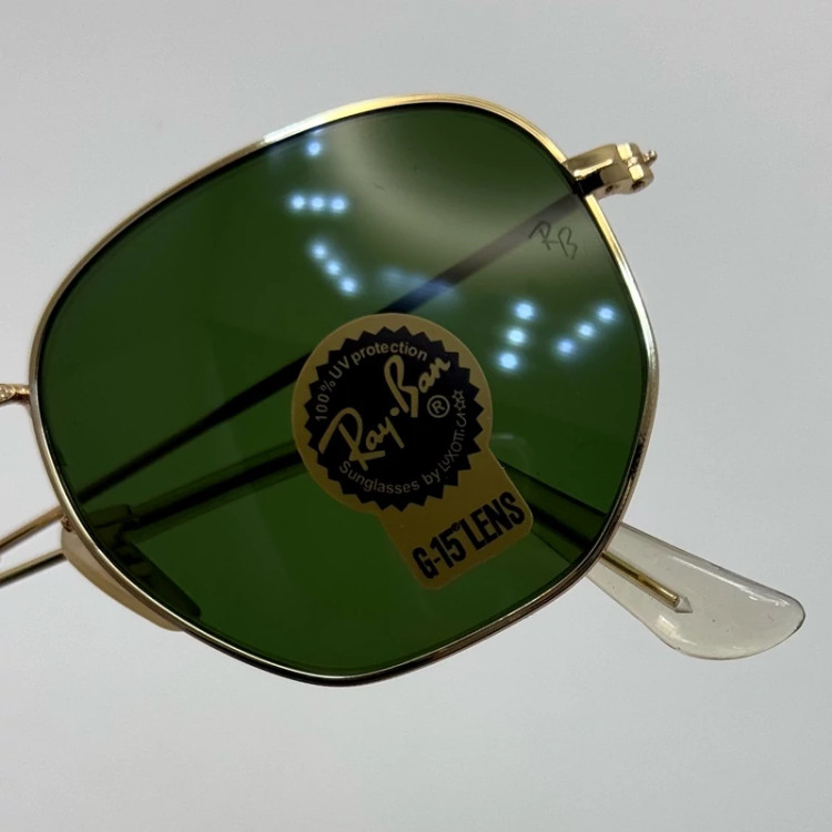 تصویر عینک ریبن هگزونال شیشه سنگ سیز فریم طلایی به همراه پک کامل ریبن کد Rayban RB 3548