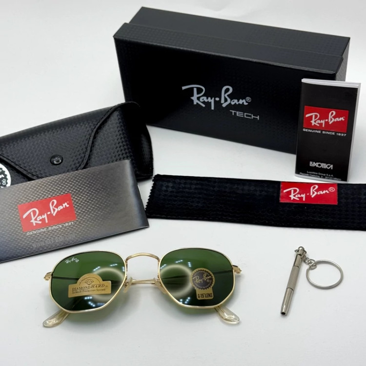 تصویر عینک ریبن هگزونال شیشه سنگ سیز فریم طلایی به همراه پک کامل ریبن کد Rayban RB 3548