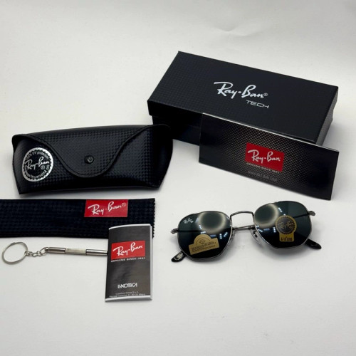 تصویر عینک ریبن هگزونال شیشه سنگ فریم نوک مدادی عدسی مشکی به همراه پک کامل ریبن کد Rayban RB 3548