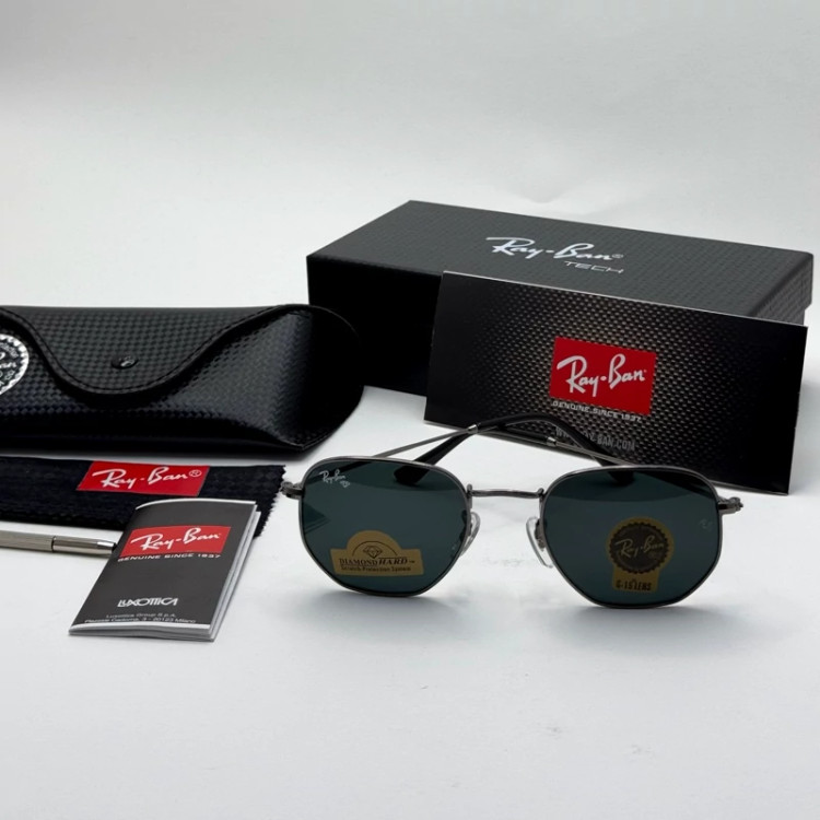 تصویر عینک ریبن هگزونال شیشه سنگ فریم نوک مدادی عدسی مشکی به همراه پک کامل ریبن کد Rayban RB 3548