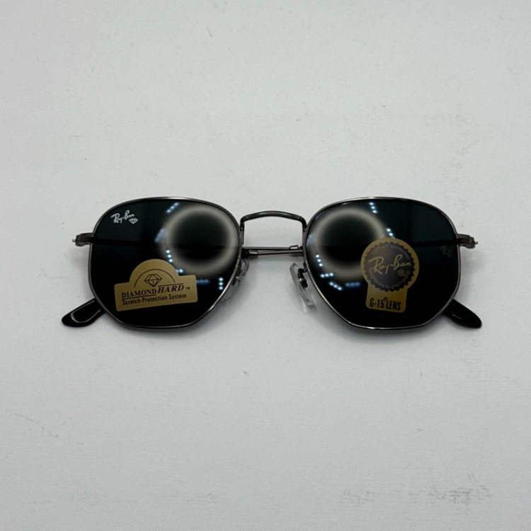 تصویر عینک ریبن هگزونال شیشه سنگ فریم نوک مدادی عدسی مشکی به همراه پک کامل ریبن کد Rayban RB 3548